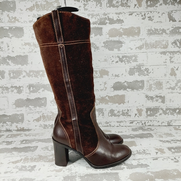 Franco Sarto Tall Brown Leather Suede Block Heel Rounded Toe Boots X230 - Picture 5 of 15